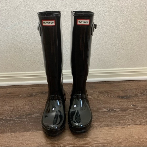 Hunter Womens original black tall gloss rain boots 10 - Picture 1 of 10
